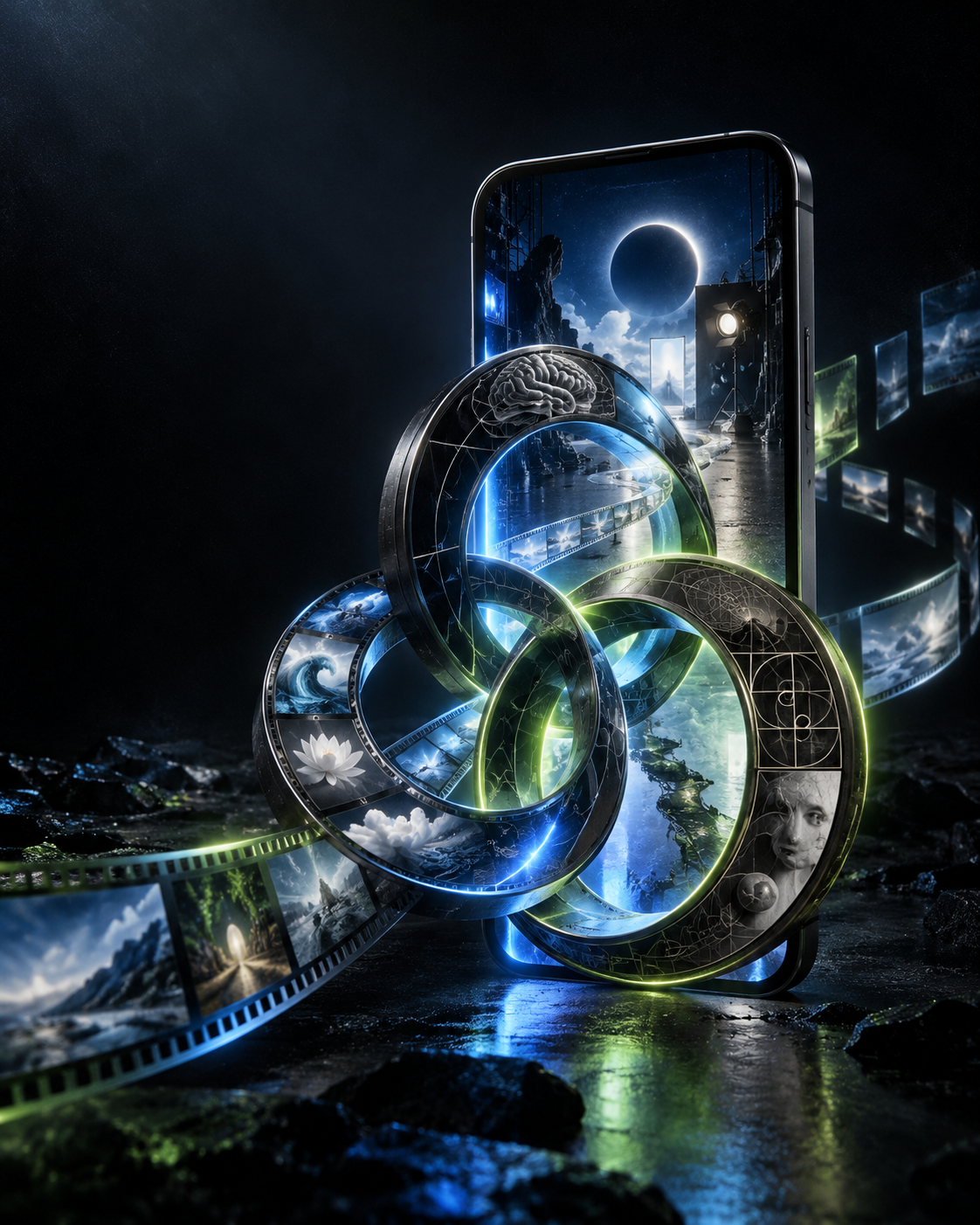 Três engrenagens visuais conectadas a um celular em um cenário cinematográfico